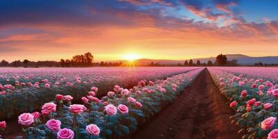 AI generated Rose field in the sunrise morning with beautiful sky photo