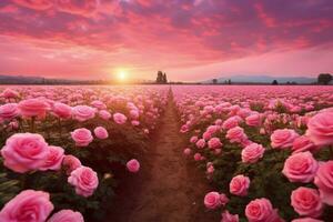 AI generated Rose field in the sunrise morning with beautiful sky photo