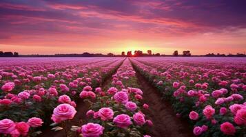 ai generado Rosa campo en el amanecer Mañana con hermosa cielo foto