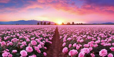 AI generated Rose field in the sunrise morning with beautiful sky photo