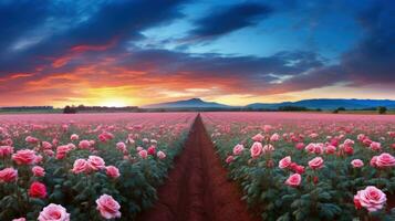 AI generated Rose field in the sunrise morning with beautiful sky photo