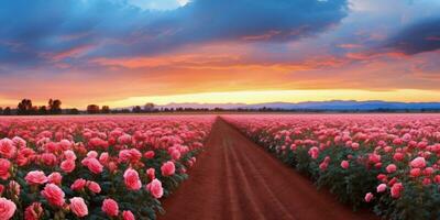 AI generated Rose field in the sunrise morning with beautiful sky photo