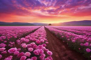 AI generated Rose field in the sunrise morning with beautiful sky photo