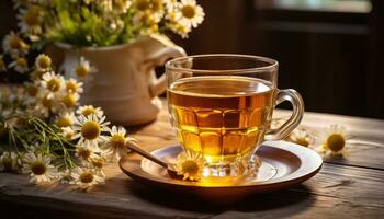 AI generated a cup of chamomile tea is sitting on a wooden table, photo