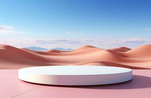 AI generated white platform with pink background on a desert landscape photo