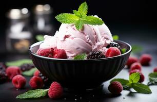 AI generated a bowl of cherry ice cream with mint leaves photo