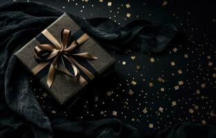 ai generado un Navidad regalo terminado un negro antecedentes con oro papel picado foto