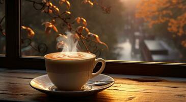 ai generado un taza de café en un ventana umbral con ligero fluido en foto