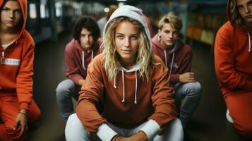 AI generated Group of young teenagers sitting in a corridor school and looking at the camera. photo