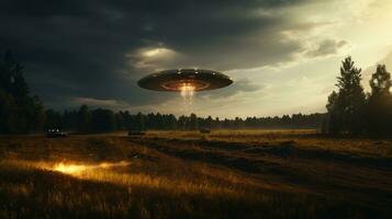 AI generated Flying saucer in the night sky. UFO in forest. photo