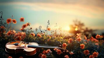 ai generado violín en el prado con flores y puesta de sol. foto