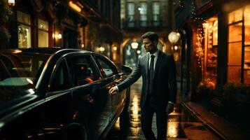 AI generated Handsome man in luxury suit standing near luxury car in night city and open door. photo