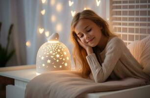 AI generated a little girl asleep in bed with a star projector star photo