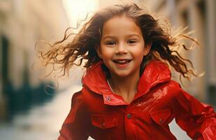 AI generated a little girl running in a red raincoat splashing water photo