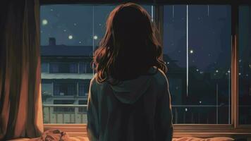 ai genererad bild anime flicka stående i främre av henne rum ser regn genom de fönster video