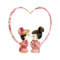 vattenfärg valentines illustration. kinesiska, koreanska brud och brudgum leksaker i röd klänningar med blommig hjärta form ram bakgrund. älskande par arrangemang för kort, bröllop, inbjudan design png