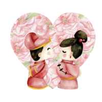 waterverf valentijnsdag illustratie. Chinese, Koreaans bruid en bruidegom speelgoed in rood jurken met bloemen pioen hart vorm achtergrond. geliefden paar arrangement voor kaart, bruiloft, uitnodiging ontwerp png