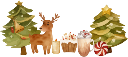 Watercolor christmas reindeer with pine trees png