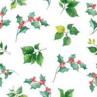 Watercolor christmas holly branches seamless pattern png