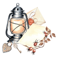 Watercolor composition old kerosene lamp, sealed envelope, sheets parchment with rosehip branch and padlock with key. Template retro illustration letter isolated. Hand drawn for design and packaging png