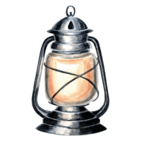 Watercolor vintage lantern burning warm light. Template retro antique kerosene lamp in metal frame standing. Hand drawn isolated illustration for card and stickers, embroidery, dishes and textile png