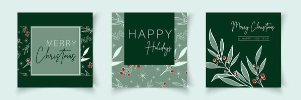 Set of christmas cards templates with branch elements in line art style. Botanical banner xmas frame. Editable vector for sale, card, social media, banner, poster, flyer, web, slide, presentation