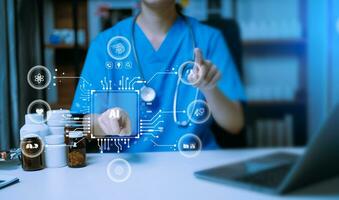 Medical technology, doctor use AI robots for diagnosis and increasing accuracy patient treatment in future. doctor hand working with tablet, computer with his Medical research photo