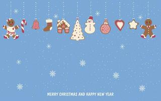 Merry Christmas and New Year 2024 greeting card. Christmas card with wishes and a composition of festive elements and gingerbread. Vector