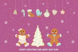 Merry Christmas and New Year 2024 greeting card. Christmas card with wishes and a composition of festive elements and gingerbread. Vector