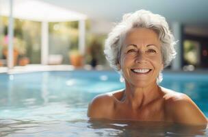 ai generado un más viejo mujer en un nadando piscina sonriente foto