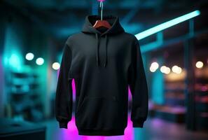 AI generated black hooded sweatshirt hanging from a display in front of a neon photo