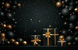 AI generated beautiful gift box is surrounded by ball ornaments on black background photo