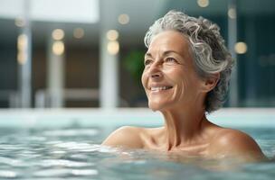 ai generado un más viejo mujer en un nadando piscina sonriente foto