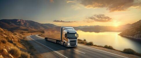 AI generated a white semi truck is traveling on a road that has a sunset on it photo