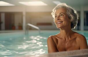 ai generado un más viejo mujer en un nadando piscina sonriente foto