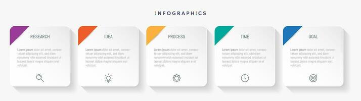 Modern business infographic template, square shape with 5 options or steps icons vector