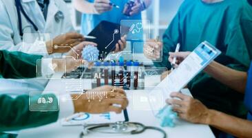 Medical technology, doctor use AI robots for diagnosis and increasing accuracy patient treatment in future. doctor hand working with tablet, computer with his team Medical research photo