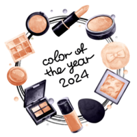 de moda melocotón maquillaje antecedentes con productos cosméticos. Moda color de 2024 año. acuarela redondo marco para web diseño, volantes, póster, artículo png