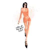 Girl in fashionable Peach clothes. There is text in the background - color of the year 2024. Watercolor square banner for web design, flyer, poster, article png