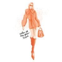 Girl in fashionable Peach clothes. There is text in the background - color of the year 2024. Watercolor square banner for web design, flyer, poster, article png