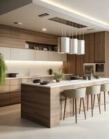 AI generated a modern kitchen with walnut and wooden cabinetry photo
