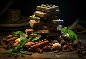 AI generated chocolate, spices and nuts stacked on a wooden table photo