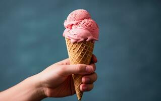 AI generated a pink ice cream cone in hand photo