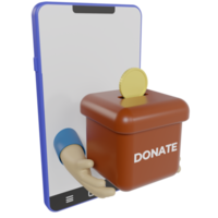 3D rendering of a smartphone icon and a hand holding a coin and a box that says donate. illustration concept of donating via online png