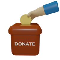 3D rendering of an icon of a hand holding a coin and a box that says donate png