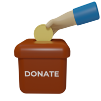 3D rendering of an icon of a hand holding a coin and a box that says donate png