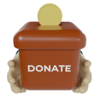 3d render of hand holding charity box and coins. illustration concept of asking for donations via mobile and web applications png