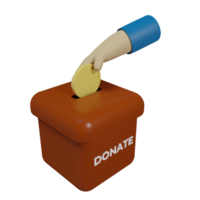 3D rendering of an icon of a hand holding a coin and a box that says donate png