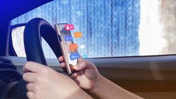 Woman using social media and digital online marketing concepts on mobile phones with icons such as notifications, messages, comments on the smartphone screen in car. photo