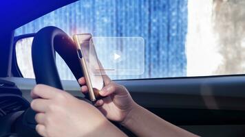 Woman using smartphone for streaming online on virtual screen in car, watching video on internet, live concert, show or tutorial, content online. photo